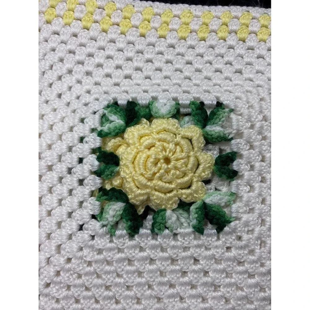 Vtg Crocheted Afghan White Yellow Flower Granny Square Blanket  58x72 Soft Throw